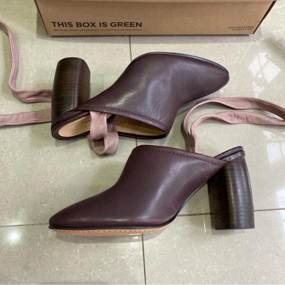 Clarks Dark Purple Leather Mules with Wooden Heel